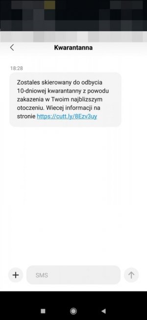 Wiadomość SMS o treści &quot;Zostałeś skierowany do odbycia 10-dniowej kwarantanny z powodu zakażenia w Twoim najbliższym otoczeniu. Więcej informacji na stronie...&quot; i dodany jest link