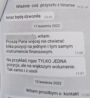 Przykładowa rozmowa za pomocą komunikatora pomiędzy pokrzywdzonym a oszustką