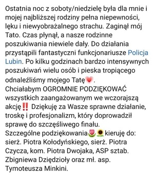 Wzruszające podziękowania dla lubińskich policjantów za odnalezienie 72-latka z Lubina