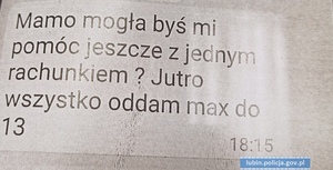 Wiadomość o treści: Mamo mogłabyś mi pomóc jeszcze z jednym rachunkiem? Jutro oddam max do 13