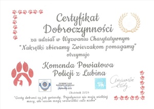 Certyfikat dobroczynności dla Komendy Powiatowej Policji w Lubinie