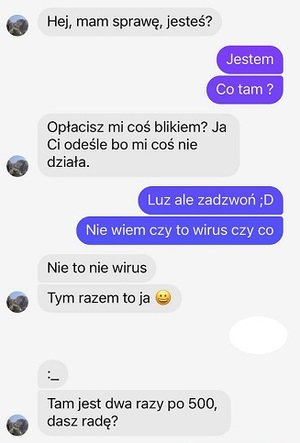 Przykład oszustwa z wykorzystaniem aplikacji Messenger oraz płatności BLIK. Źródło: KGP