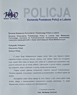 Życzenia Komendanta  Powiatowego Policji w Lubinie z okazji Świąt Wielkanocnych