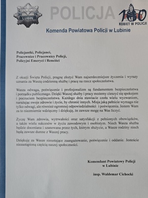 Życzenia Komendanta Powiatowego Policji w Lubinie z okazji Święta Policji
