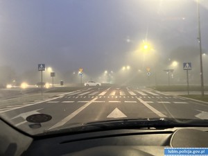 Na zdjęciu widok z przedniej szyby na drogę, na której rozciąga się mgła.