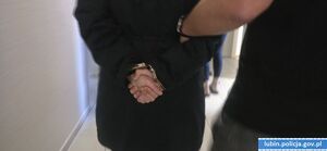 Policjant prowadzi osobę poszukiwaną