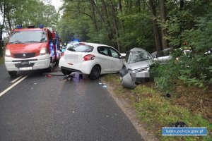 Miejsce wypadku drogowego. Na zdjęciu dwa samochody osobowe . Jeden z nich jest w rowie. Na zdjęciu wóz strażacki, radiowóz, strażacy