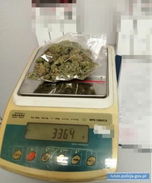 Marihuana w worku strunowym na wadze. Wynik na wyświetlaczu to 33,64 gramów