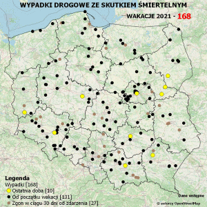 Policyjna mapa wypadków drogowych ze skutkiem śmiertelnym – Wakacje 2021