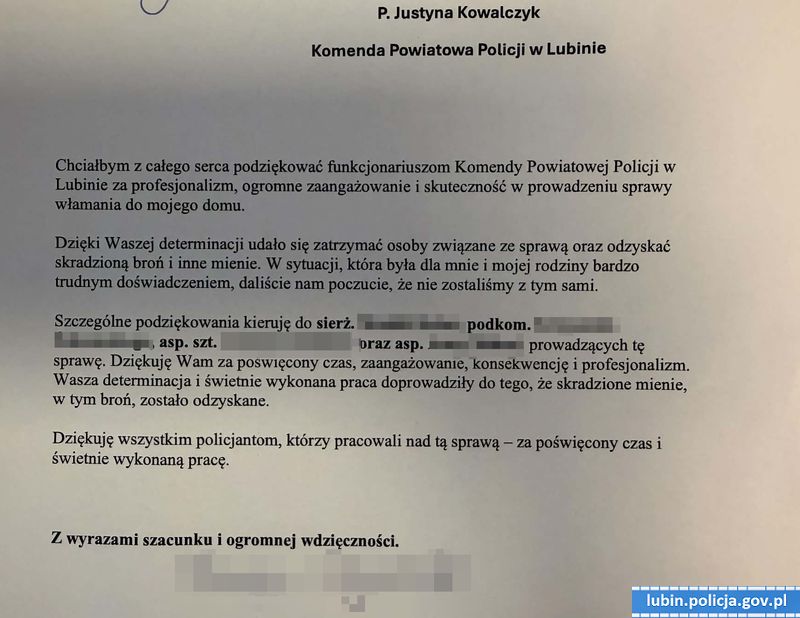Mężczyzna podziękował lubińskim policjantom za skuteczne odzyskanie mienia